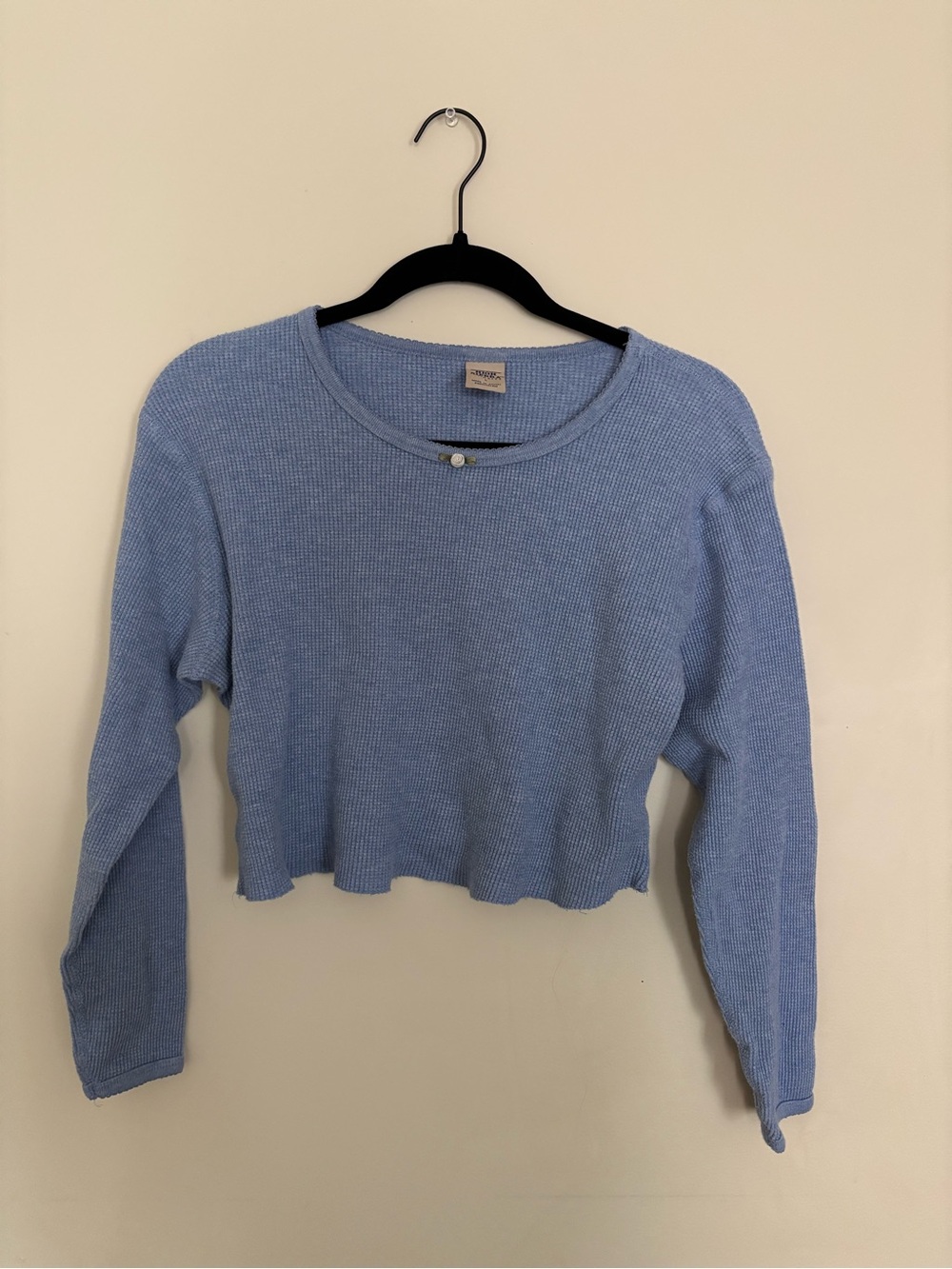 Light Blue Long-Sleeve Waffle Knit Crop Top